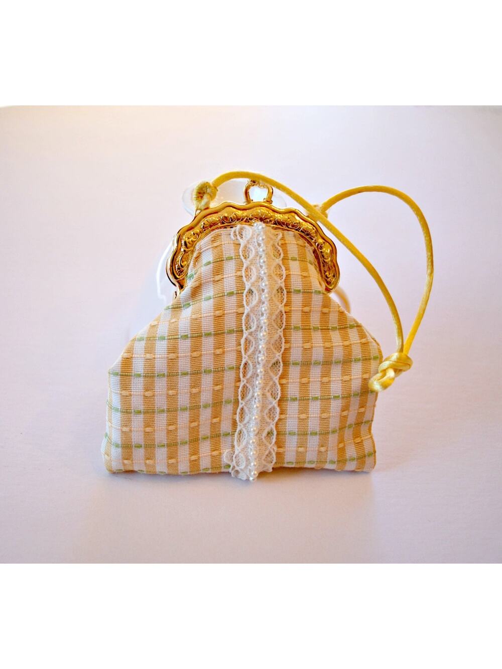 Handmade Yellow Victorian-Style Evening Bag with Kiss Clasp and Pearl Accents